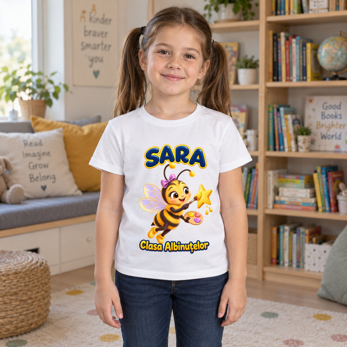 Tricou personalizat Clasa Albinuțelor – Albinuța Artistă – Model 07 – Copil în spațiu de lectură, imprimeu centrat și coborât