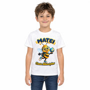 Tricou personalizat Clasa Albinuțelor – Albinuța cu Glob – Model 08 – Imagine principală pe fundal alb, imprimeu centrat și coborât