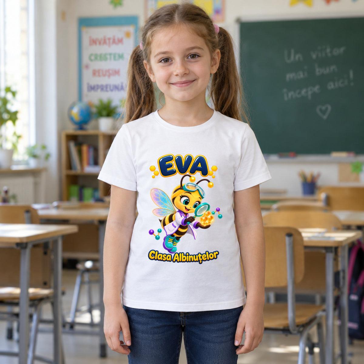 Tricou personalizat Clasa Albinuțelor – Albinuța Cercetătoare – Model 09 – Copil în clasă, imprimeu centrat și coborât