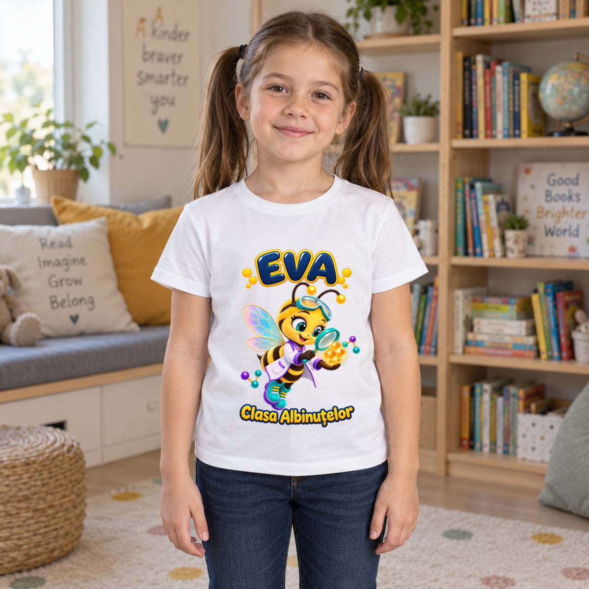Tricou personalizat Clasa Albinuțelor – Albinuța Cercetătoare – Model 09 – Copil în spațiu de lectură, imprimeu centrat și coborât