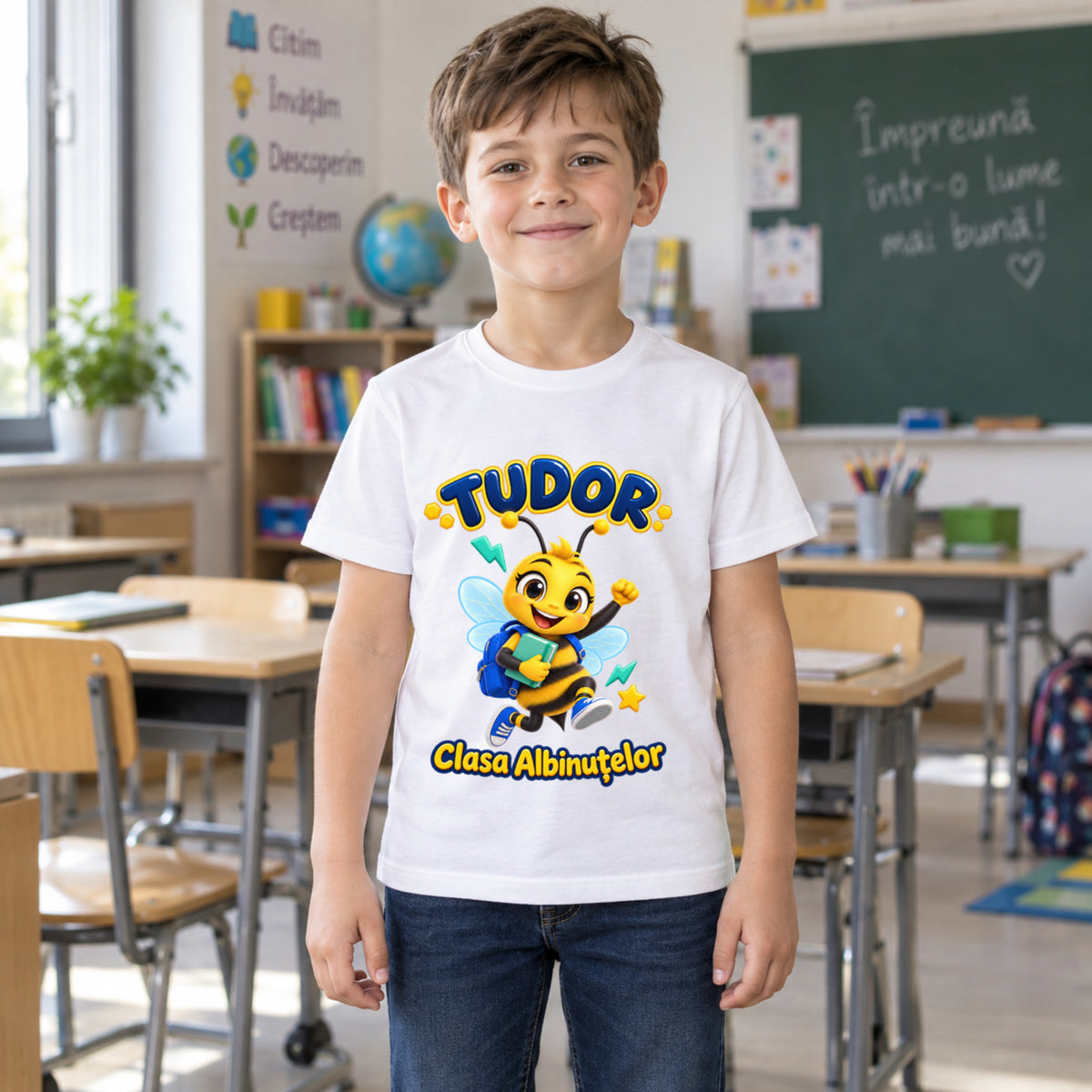 Tricou personalizat Clasa Albinuțelor – Albinuța Energică – Model 10 – Copil în clasă, imprimeu centrat și coborât