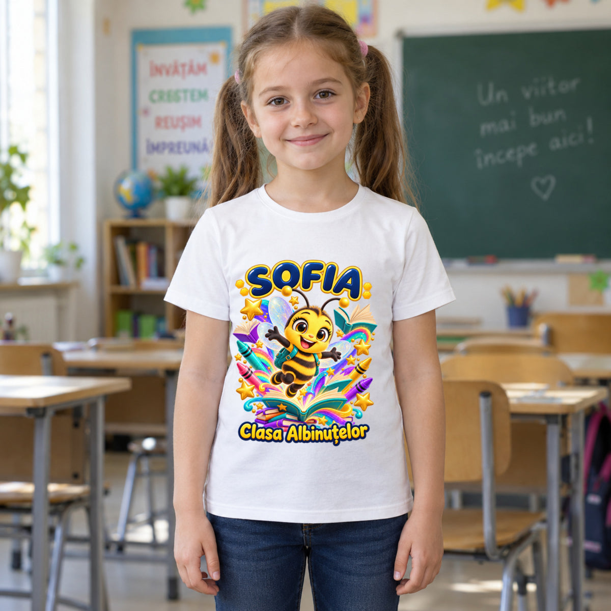 Tricou personalizat Clasa Albinuțelor – Albinuța Curcubeu – Model 11 – Copil în clasă, imprimeu centrat și coborât