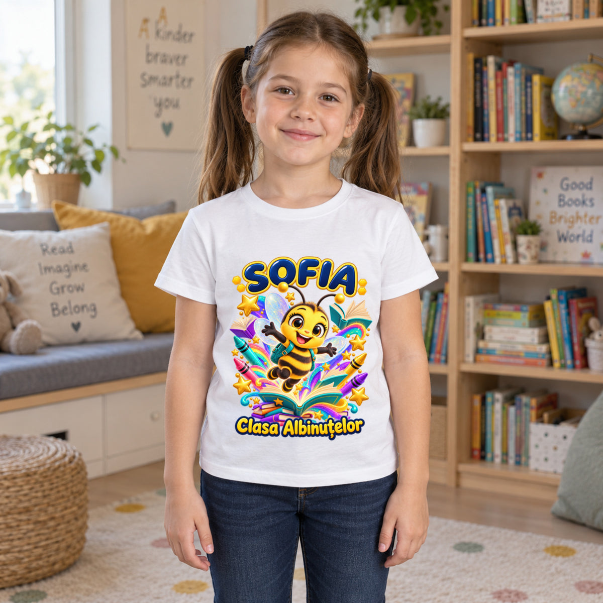 Tricou personalizat Clasa Albinuțelor – Albinuța Curcubeu – Model 11 – Copil în spațiu de lectură, imprimeu centrat și coborât