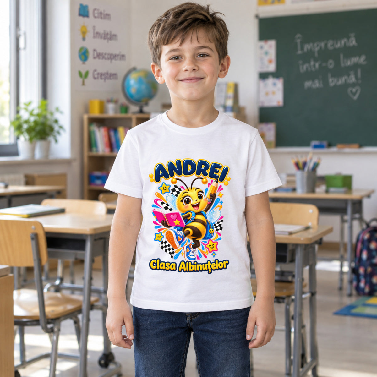 Tricou personalizat Clasa Albinuțelor – Albinuța Neo-Pop – Model 12 – Copil în clasă, imprimeu centrat și coborât