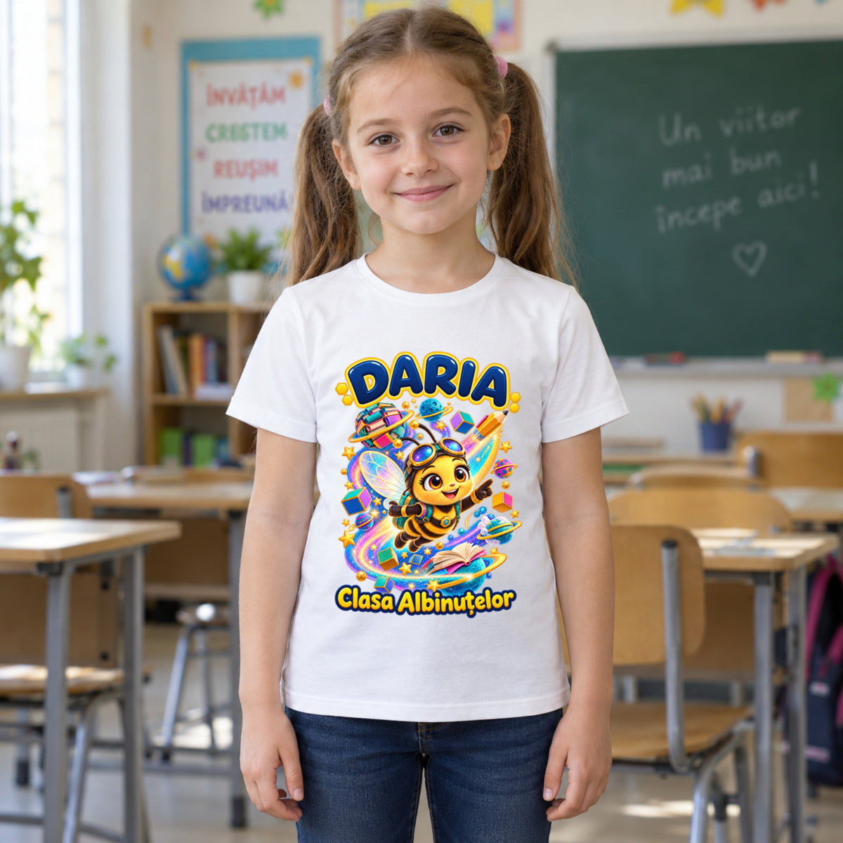 Tricou personalizat Clasa Albinuțelor – Albinuța Spațială – Model 13 – Copil în clasă, imprimeu centrat și coborât