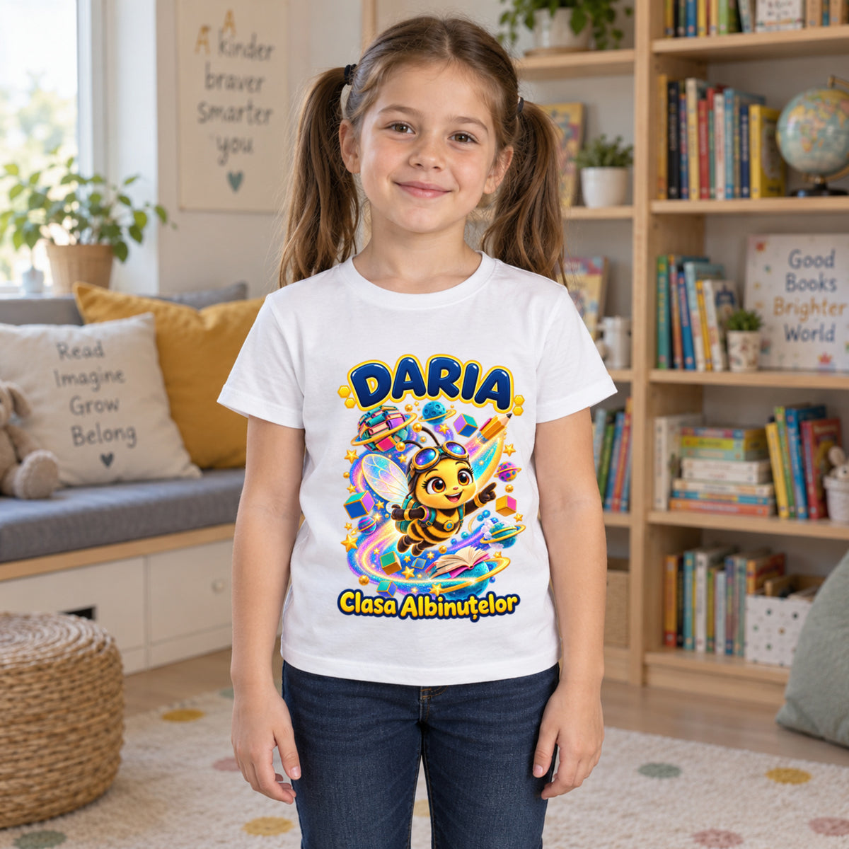 Tricou personalizat Clasa Albinuțelor – Albinuța Spațială – Model 13 – Copil în spațiu de lectură, imprimeu centrat și coborât