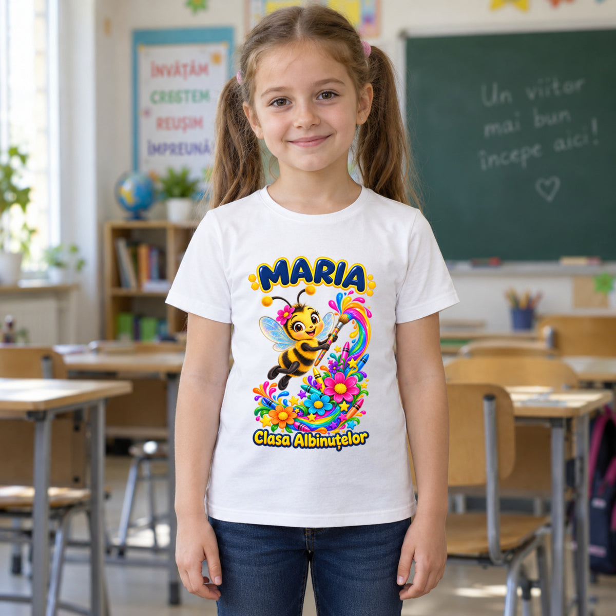 Tricou personalizat Clasa Albinuțelor – Albinuța Pictează Curcubeul – Model 15 – Copil în clasă, imprimeu centrat și coborât