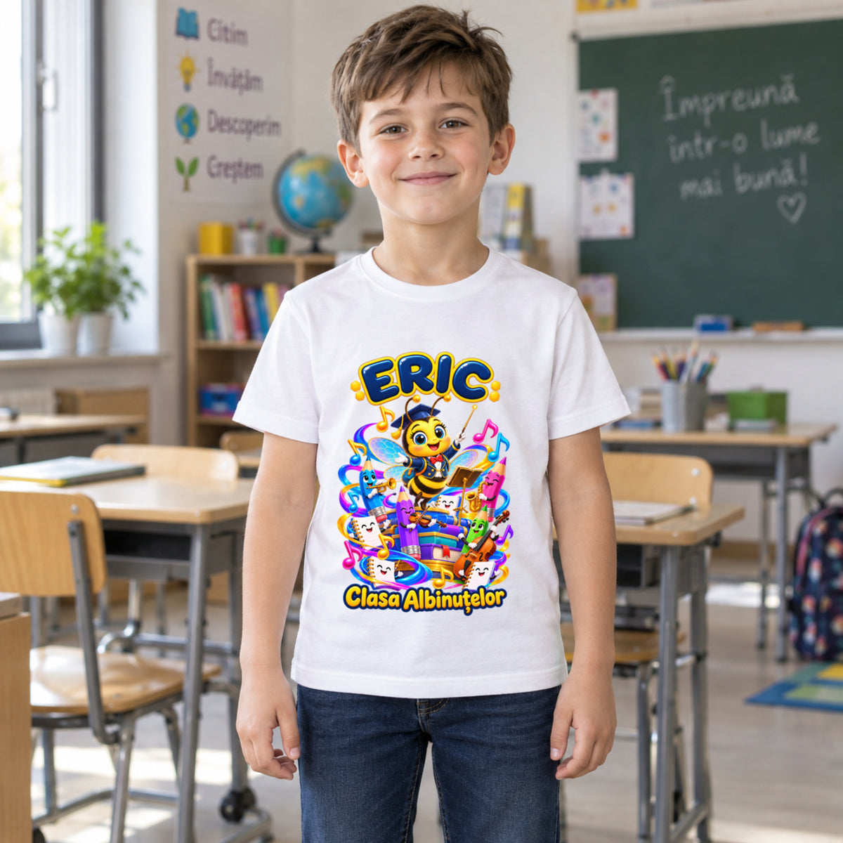 Tricou personalizat Clasa Albinuțelor – Albinuța Muzicală – Model 16 – Copil în clasă, imprimeu centrat și coborât
