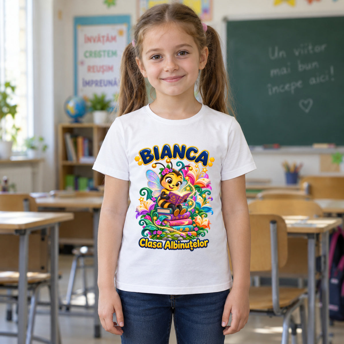 Tricou personalizat Clasa Albinuțelor – Albinuța în Grădina Cărților – Model 17 – Copil în clasă, imprimeu centrat și coborât
