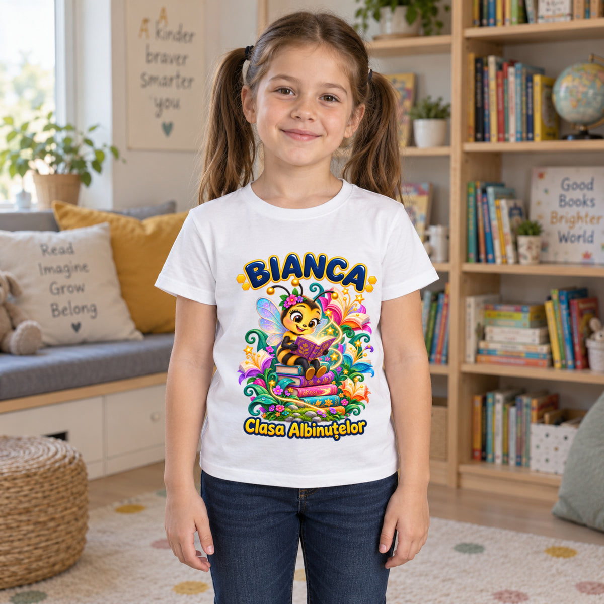 Tricou personalizat Clasa Albinuțelor – Albinuța în Grădina Cărților – Model 17 – Copil în spațiu de lectură, imprimeu centrat și coborât