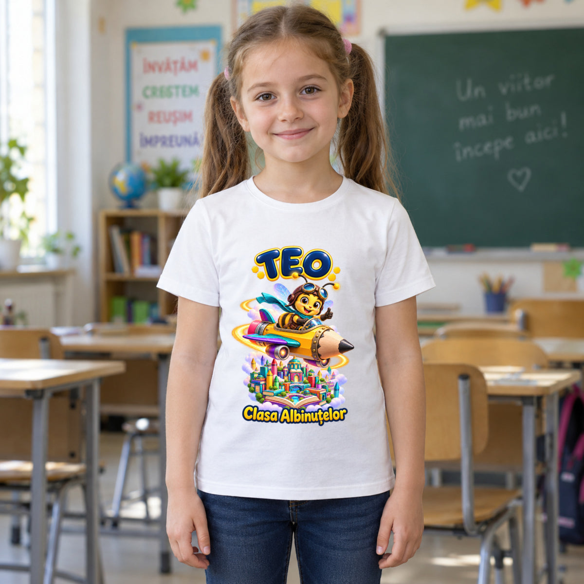 Tricou personalizat Clasa Albinuțelor – Albinuța Aviator – Model 19 – Copil în clasă, imprimeu centrat și coborât