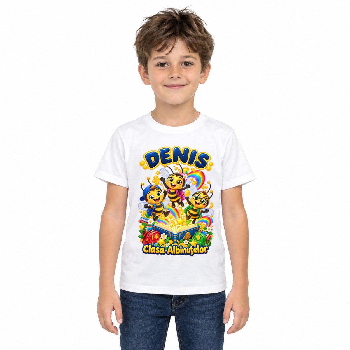 Tricou personalizat Clasa Albinuțelor – Echipa Albinuțelor – Model 20 – Imagine principală pe fundal alb, imprimeu centrat și coborât