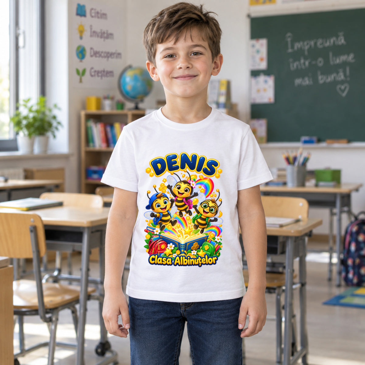 Tricou personalizat Clasa Albinuțelor – Echipa Albinuțelor – Model 20 – Copil în clasă, imprimeu centrat și coborât