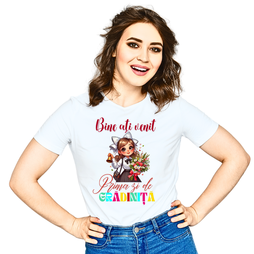 Tricou alb  Back to school prima zi de gradinita scoala din bumbac ABS11214