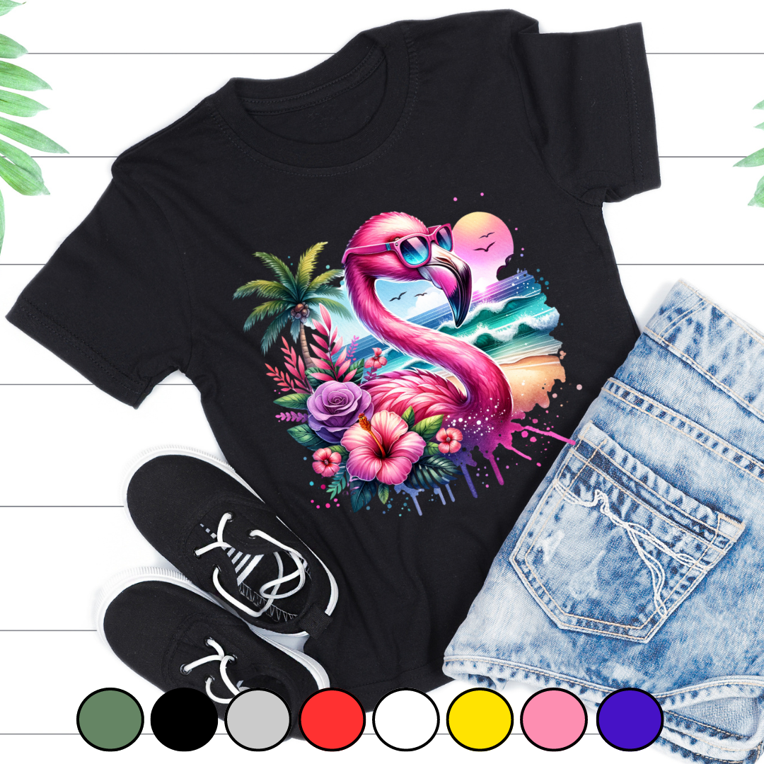 Tricou copii sau adulti din bumbac model Flamingo personalizat cu nume  sau poza preferata TC5043