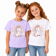 Tricou pentru fetițe personalizat cu unicorn floral și curcubeu