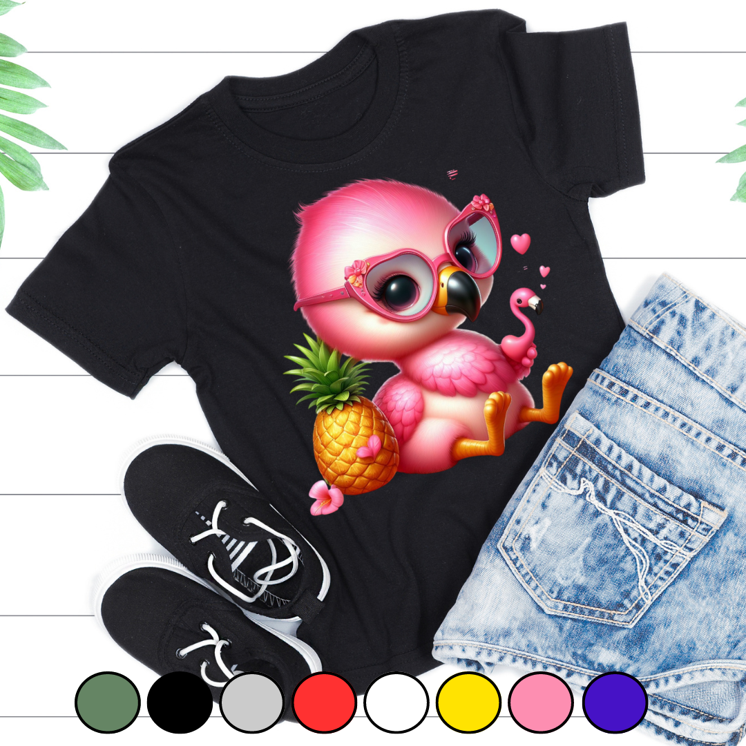 Tricou pentru copii sau adulti din bumbac model Flamingo personalizat cu nume  sau poza preferata TC5033
