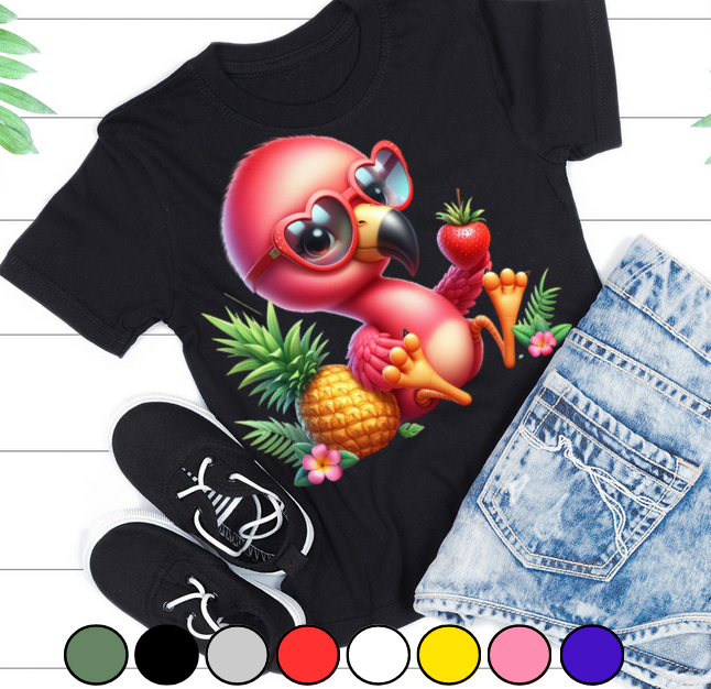 Tricou pentru copii sau adulti din bumbac model Flamingo personalizat cu nume  sau poza preferata TC5034
