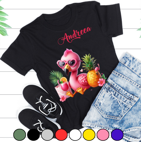 Tricou pentru copii sau adulti din bumbac model Flamingo personalizat cu nume  sau poza preferata TC5035