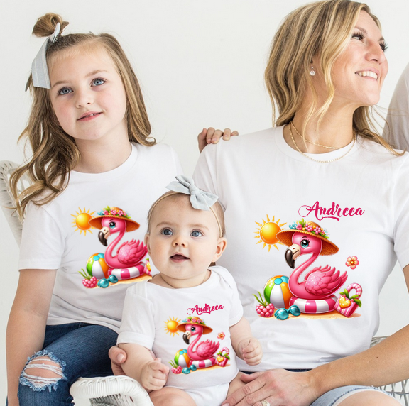 Tricou pentru copii sau adulti din bumbac model Flamingo personalizat cu nume  sau poza preferata TC5036