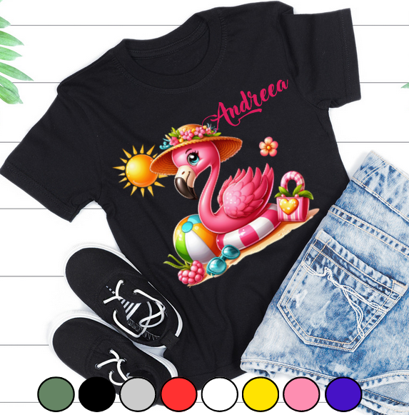 Tricou pentru copii sau adulti din bumbac model Flamingo personalizat cu nume  sau poza preferata TC5036