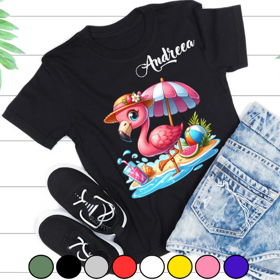 Tricou pentru copii sau adulti din bumbac model Flamingo personalizat cu nume  sau poza preferata TC5037