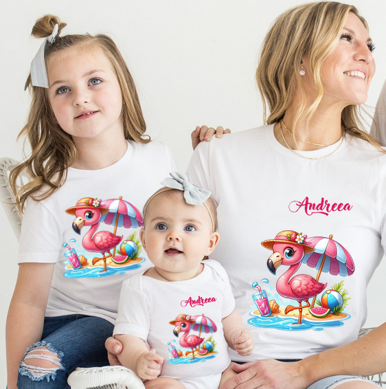Tricou pentru copii sau adulti din bumbac model Flamingo personalizat cu nume  sau poza preferata TC5037