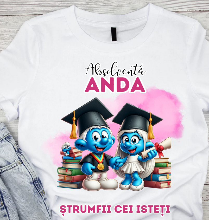 Tricou personalizat absolvire cu Strumfii cei isteti