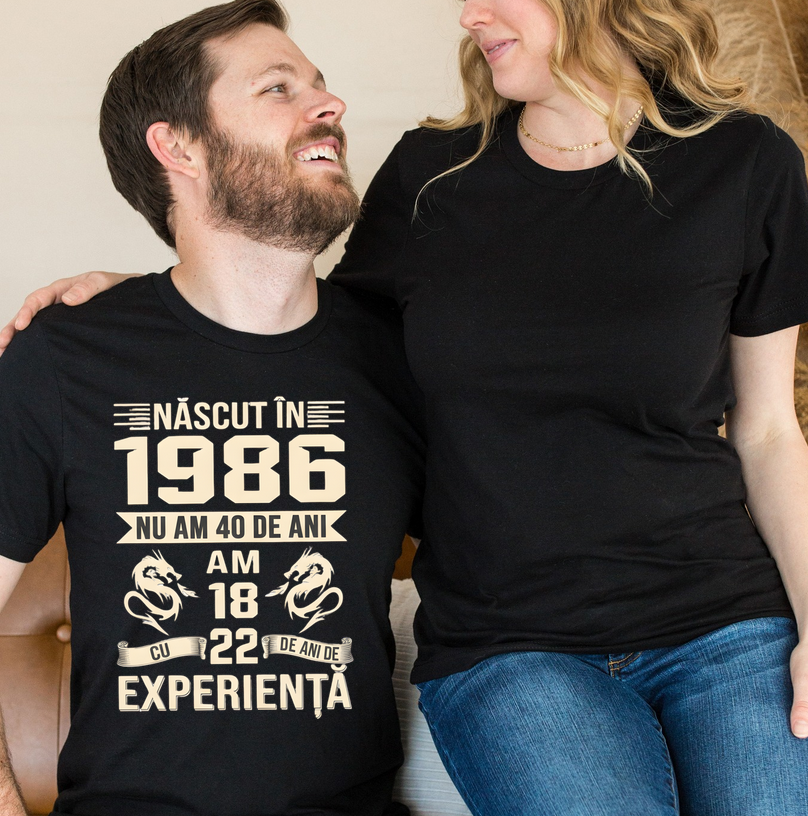 Tricou personalizat „Născut în 1986” – cadou aniversar cu mesaj amuzant