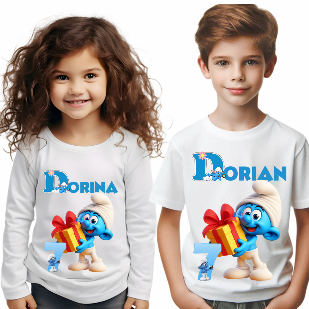 Tricou personalizat aniversar Strumfi SMURF cu cifra aniversara