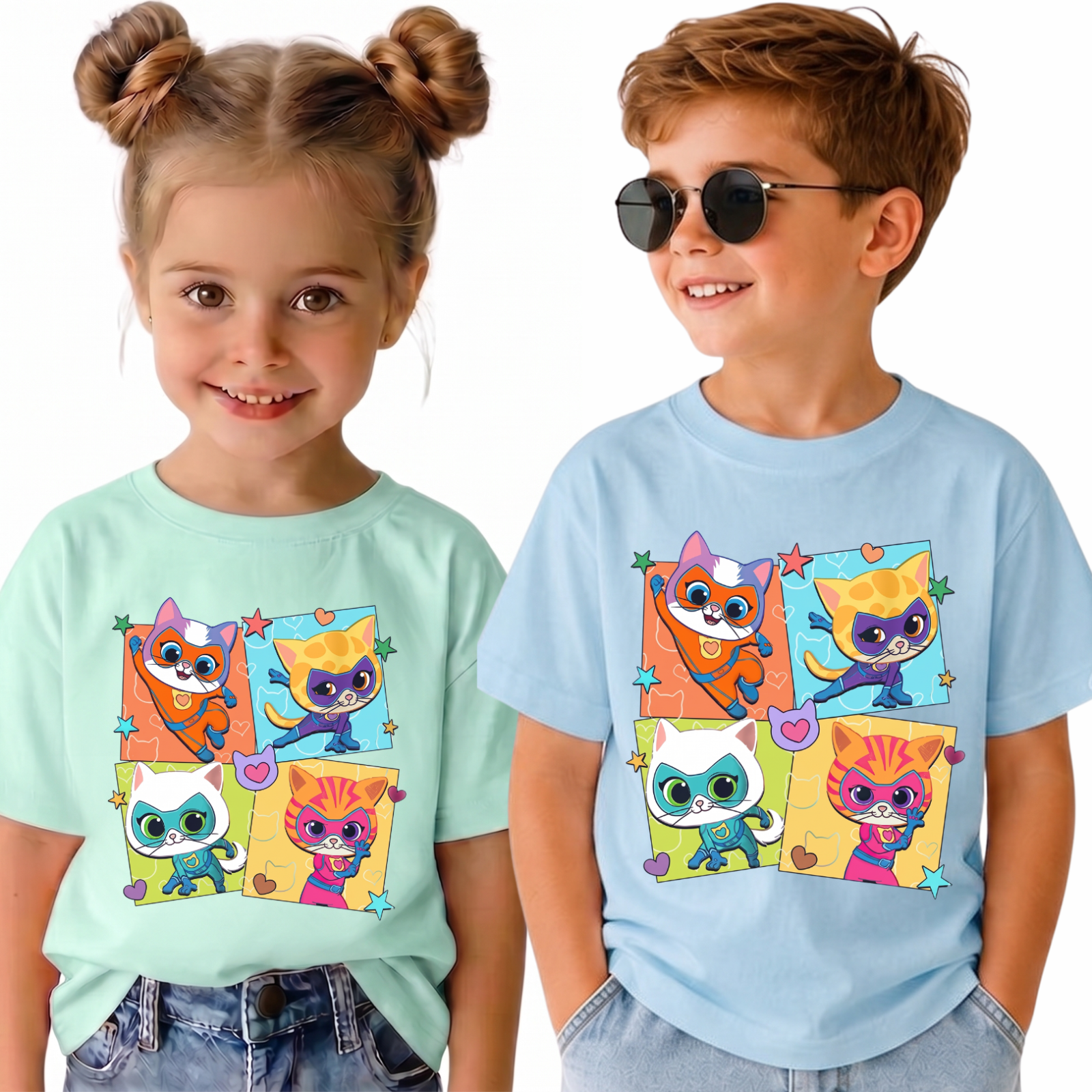 Tricou Personalizat de Vară in Culori Pastelate Super Kitties Pisicute