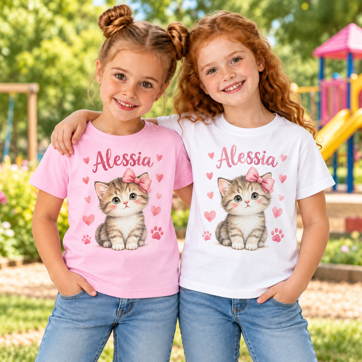 Fetițe cu tricouri personalizate Alessia și pisicuță în parc