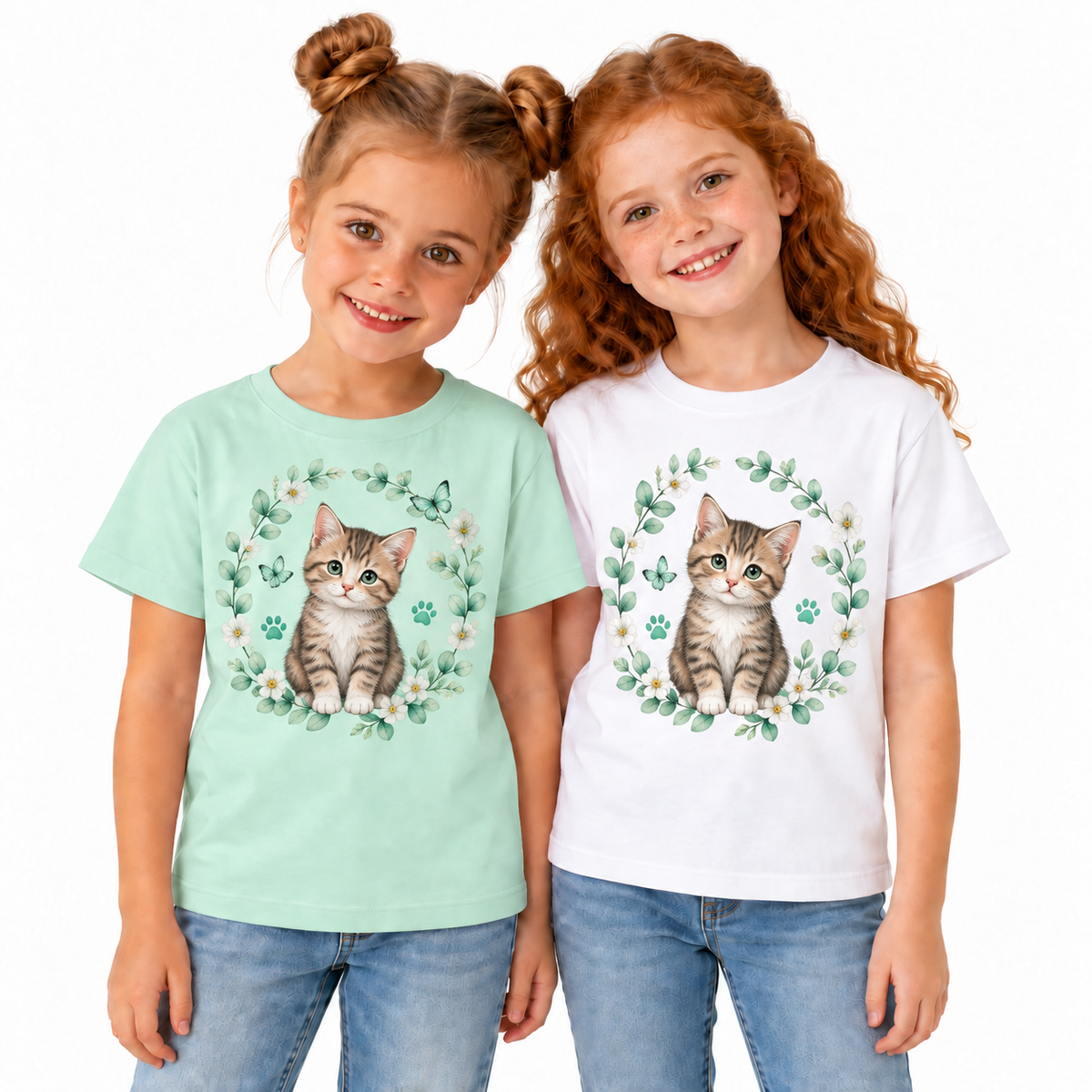Tricou pentru fetițe cu pisicuță și coroniță florală pe fundal alb