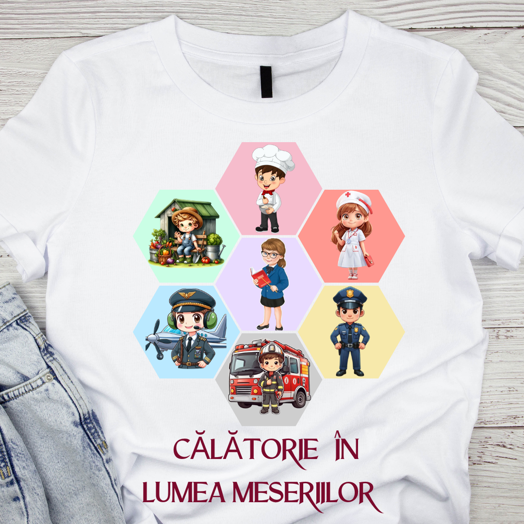 Tricou scolar Calatorii in lumea meseriilor personalizat pentru absolventi de scoala sau gradinita