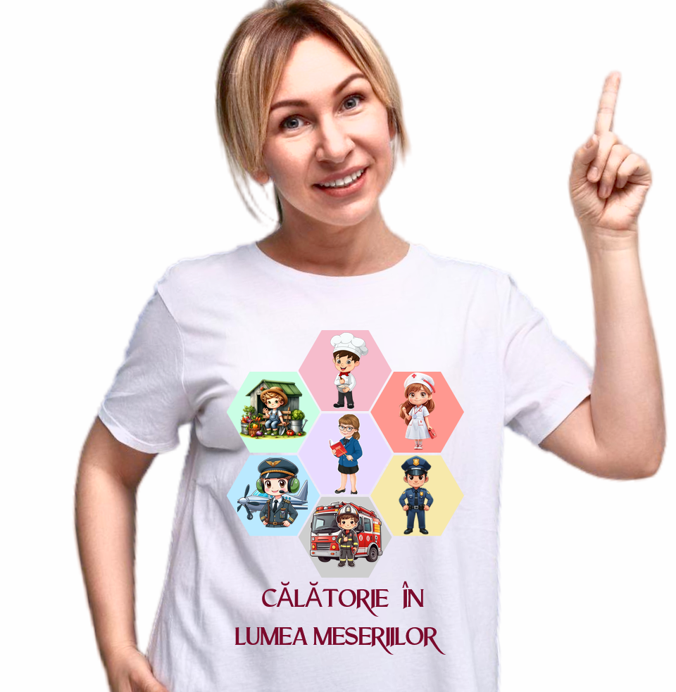 Tricou scolar Calatorii in lumea meseriilor personalizat pentru absolventi de scoala sau gradinita