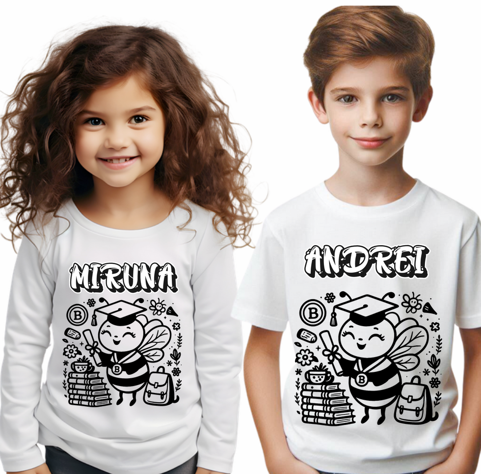 Tricouri de Colorat Clasa Albinutelor – Personalizate Alb-Negru pentru Copii  sau Educatoare  Activitate Creativa Final de An