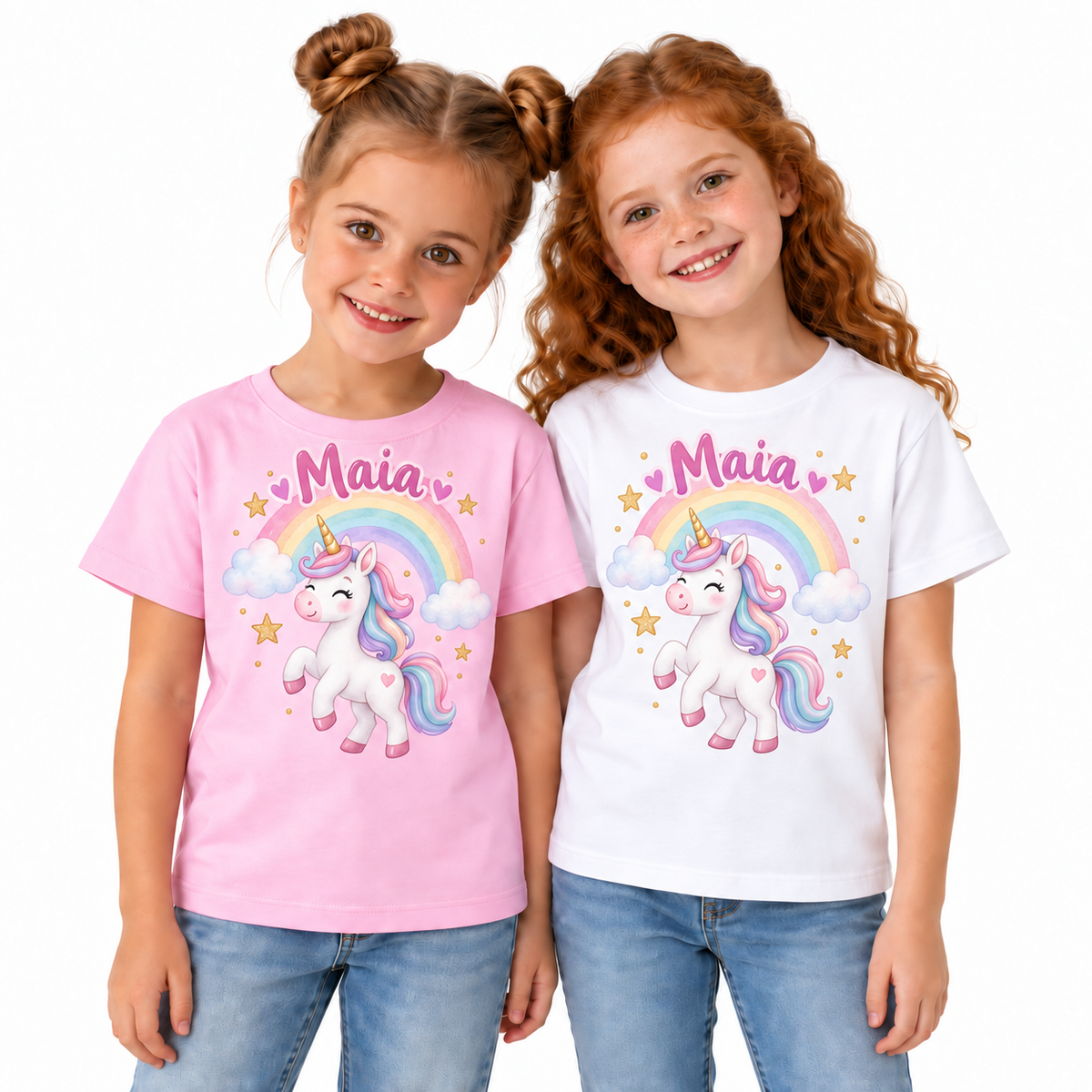 Tricou personalizat pentru fetițe cu numele Maia sus, unicorn și curcubeu