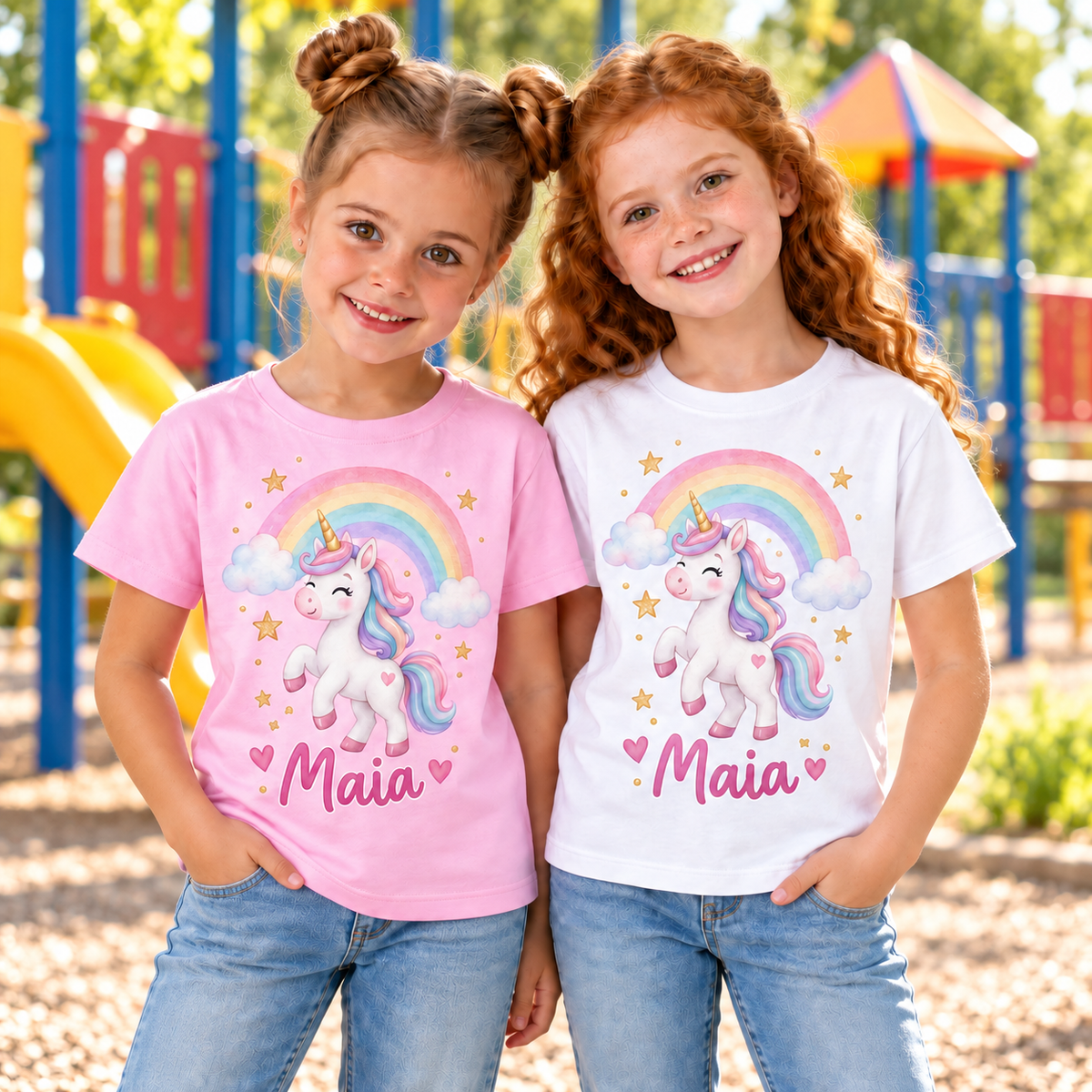 Fetițe cu tricouri unicorn Maia într-un parc de joacă