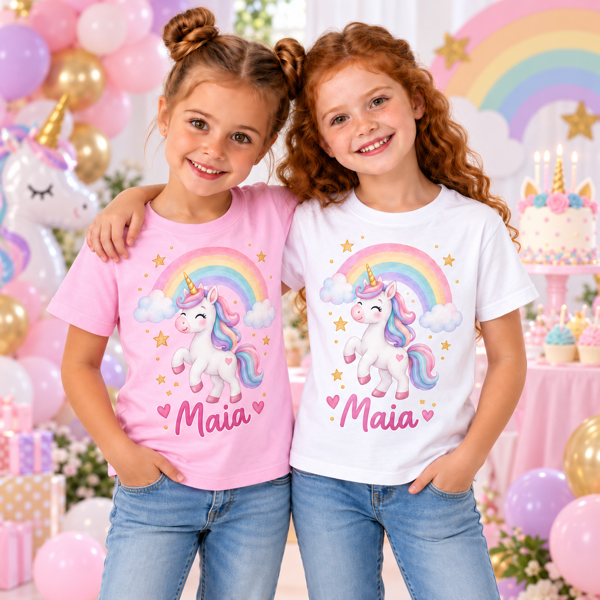 Tricouri personalizate Maia cu unicorn la petrecere aniversară