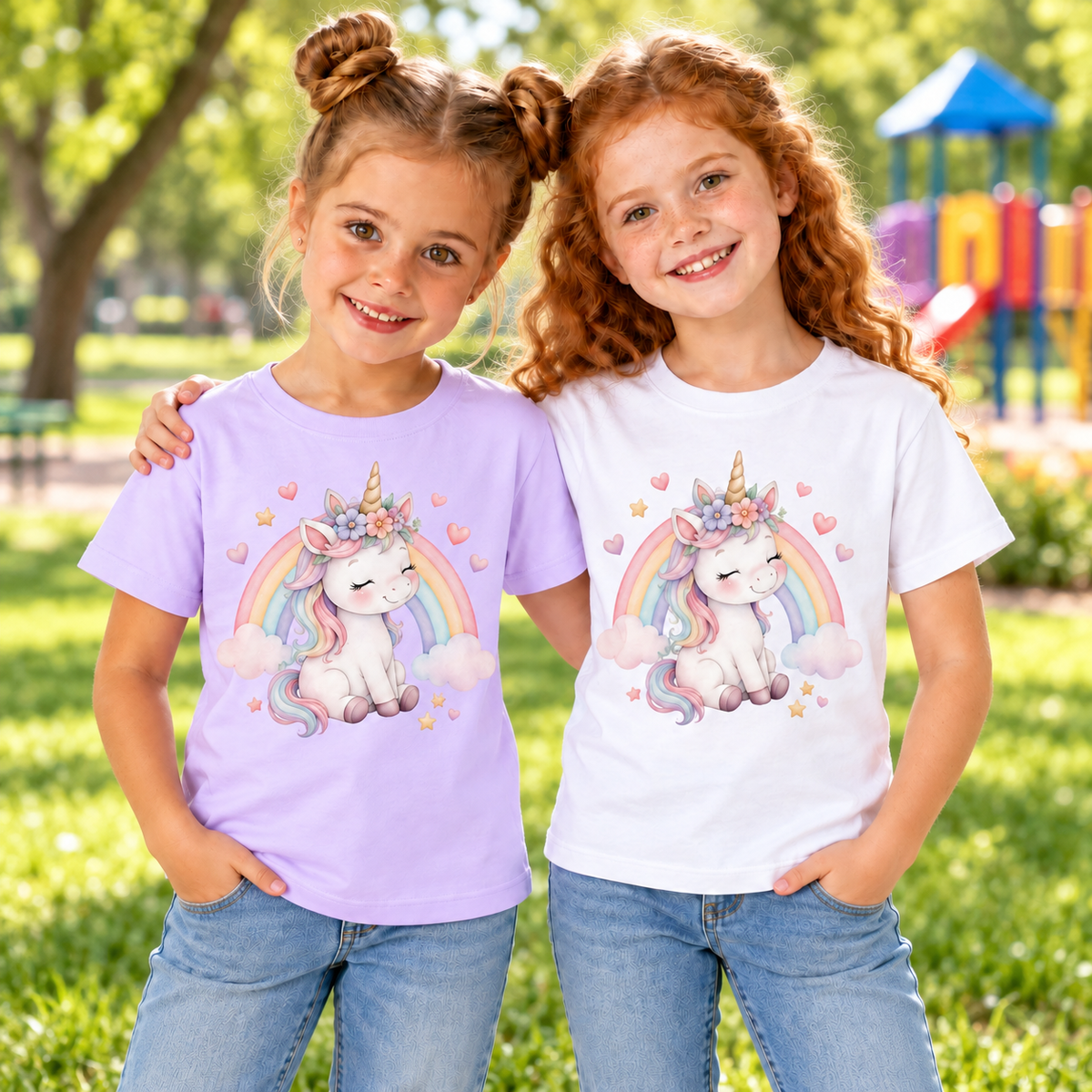 Tricouri pentru fetițe cu unicorn floral în parc