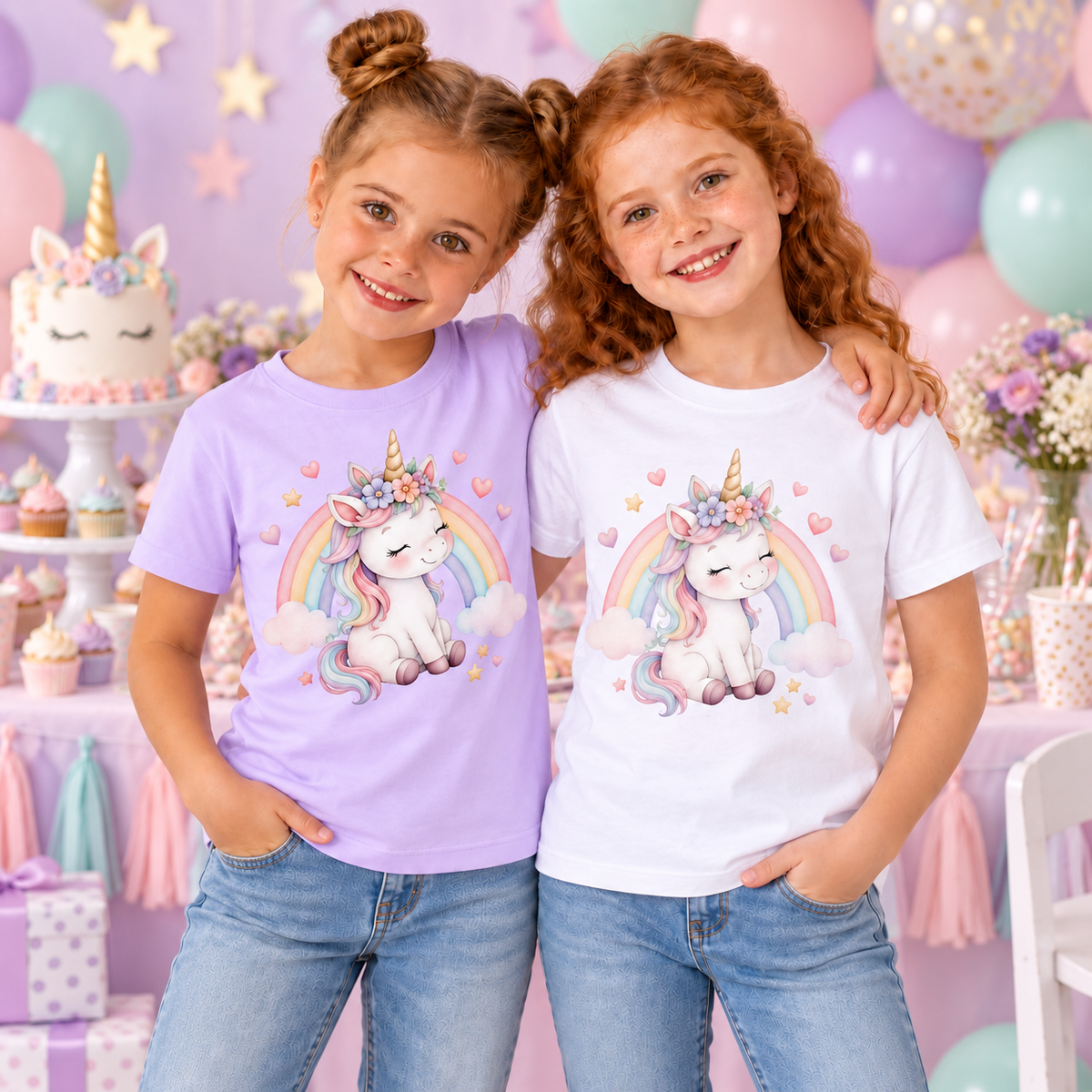 Tricouri pentru fetițe cu unicorn floral la petrecere