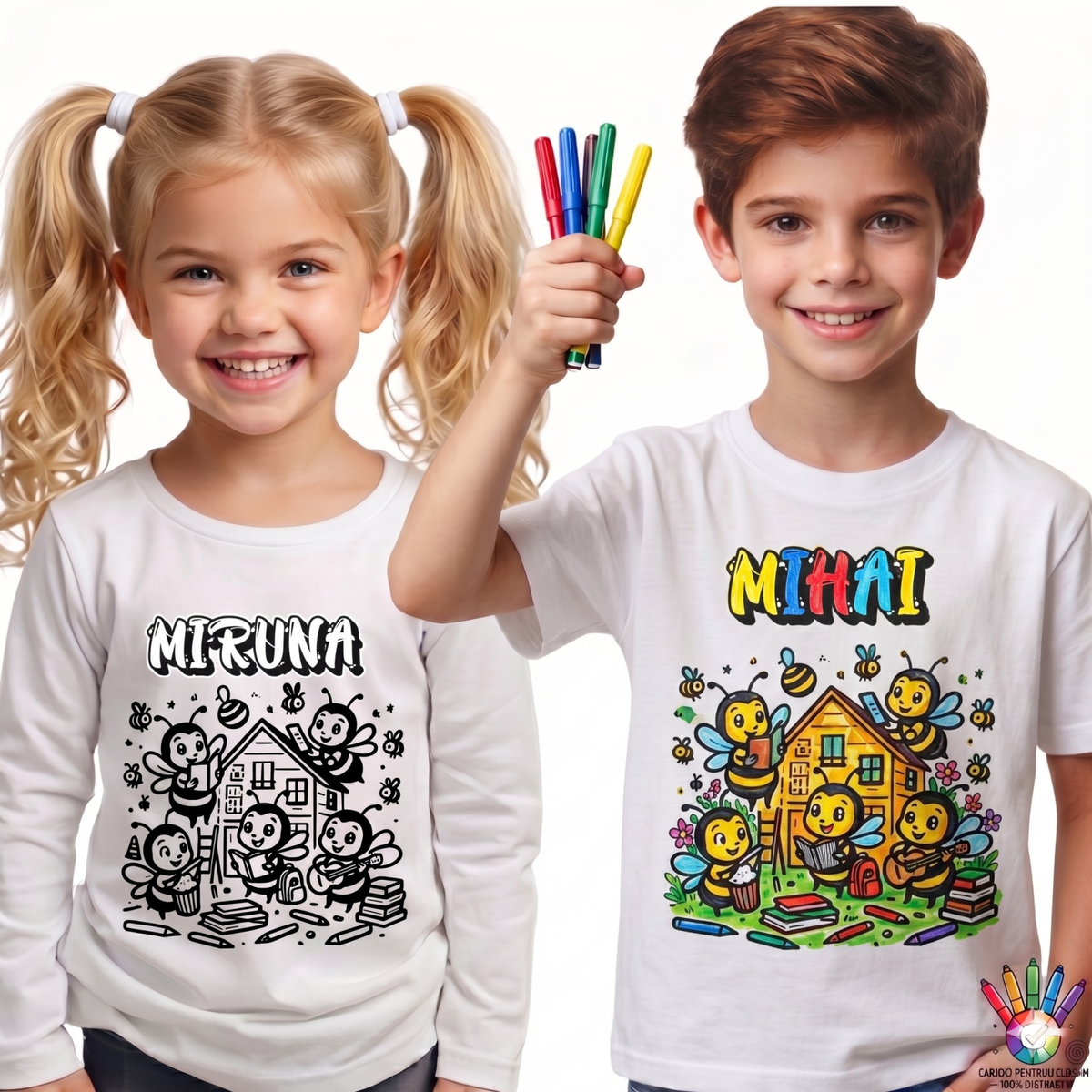 Tricouri de Colorat Clasa Albinutelor – Personalizate Alb-Negru pentru Copii  sau Educatoare  Activitate Creativa Final de An