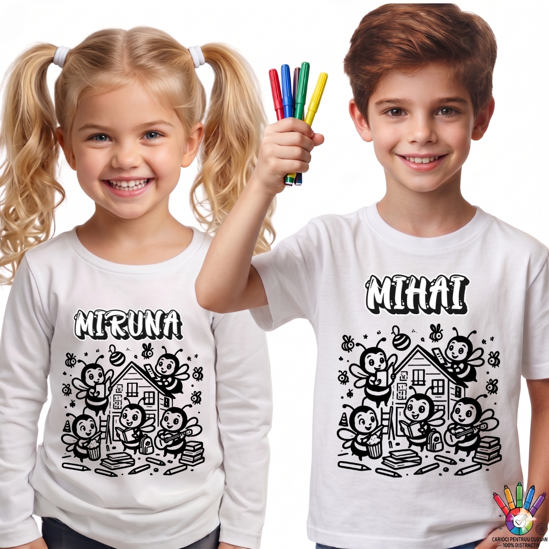 Tricouri de Colorat Clasa Albinutelor – Personalizate Alb-Negru pentru Copii  sau Educatoare  Activitate Creativa Final de An