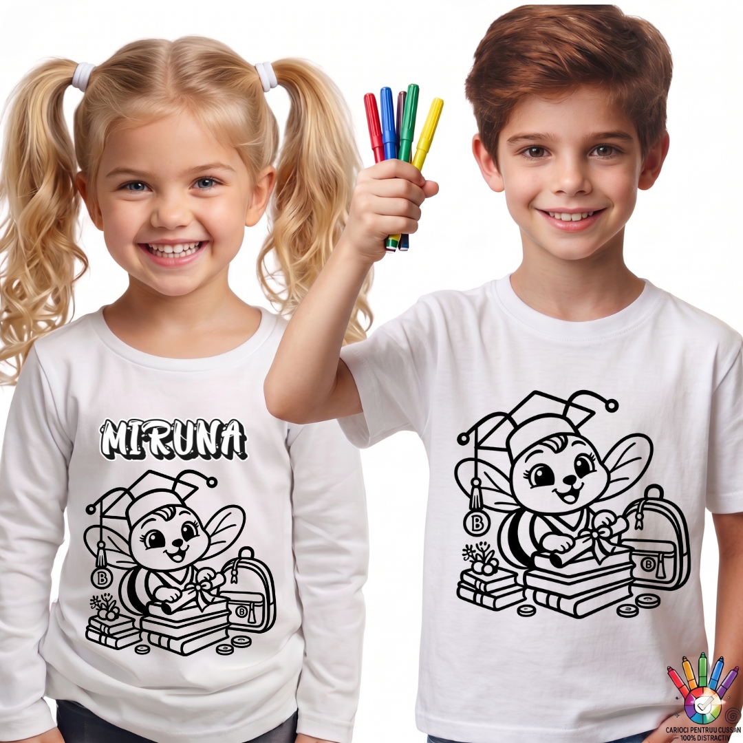 Tricouri de Colorat Clasa Albinutelor – Personalizate Alb-Negru pentru Copii  sau Educatoare  Activitate Creativa Final de An