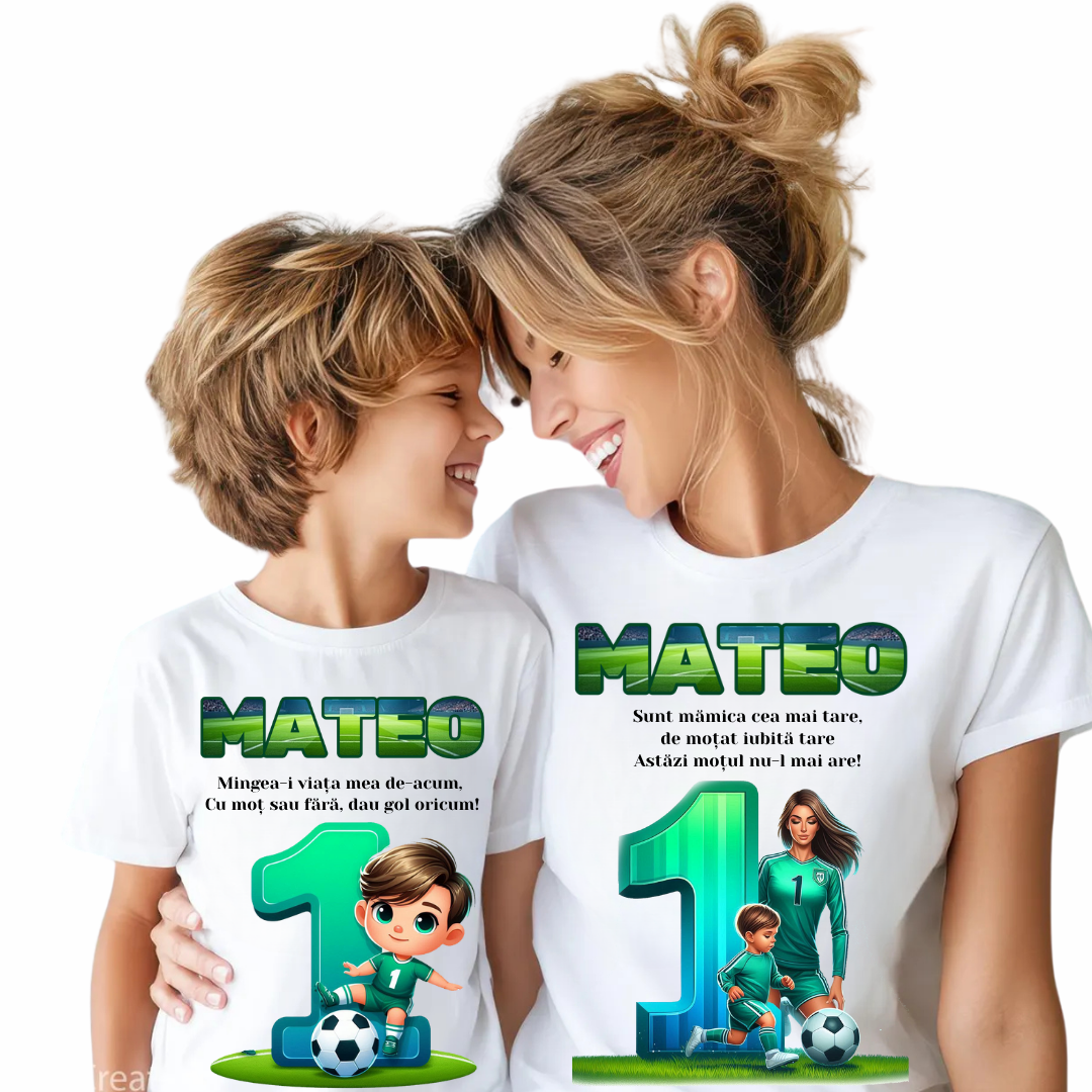 Tricouri Family Aniversare Personalizat pentru mot – Cadou Haios pentru Copii și Părinți | Model Tematic Fotbal