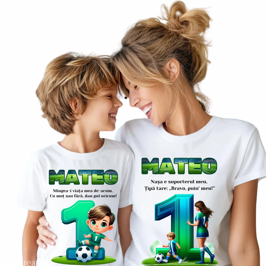 Tricouri Family Aniversare Personalizat pentru mot – Cadou Haios pentru Copii și Părinți | Model Tematic Fotbal