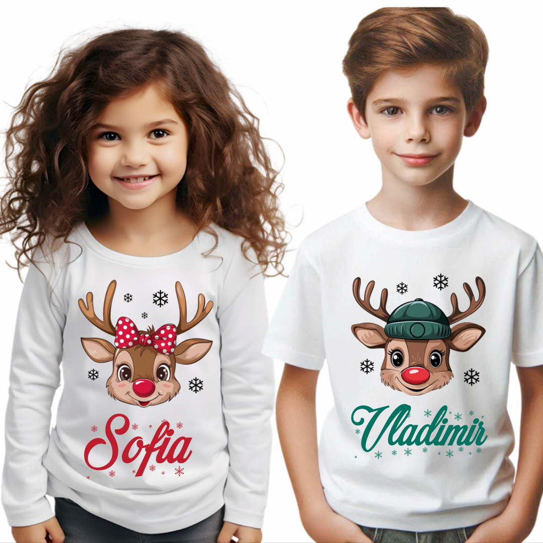 Tricouri Family mama, tata  si copii personalizate cu tematica de Craciun renul Rudolf,  Craciun Fericit 12653